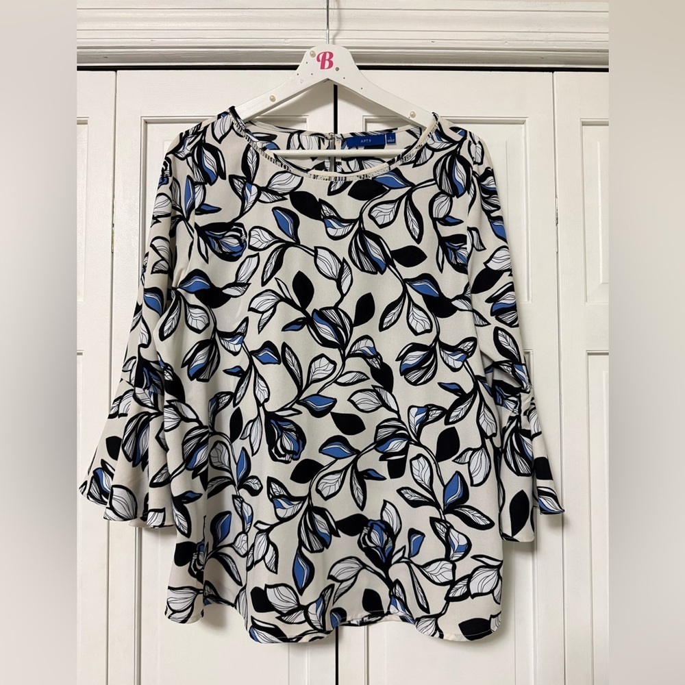 Apt. 9 Floral Leaf Print Bell Sleeve Blouse Large Office Career Modest